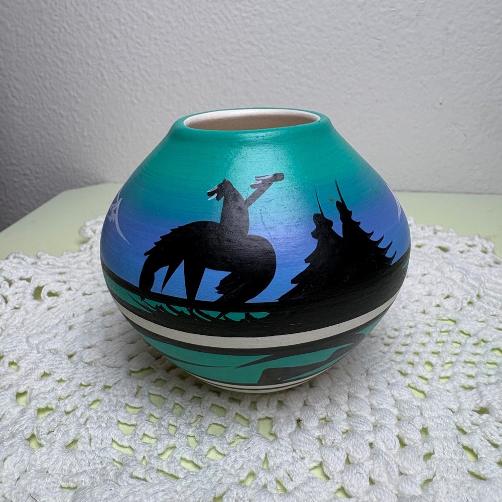 Teal Pottery Vase Southwestern Desert Hand Painted Ceramic